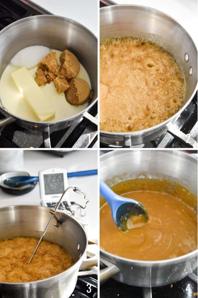 Four photo collage showing the process of boiling ingredients for fudge