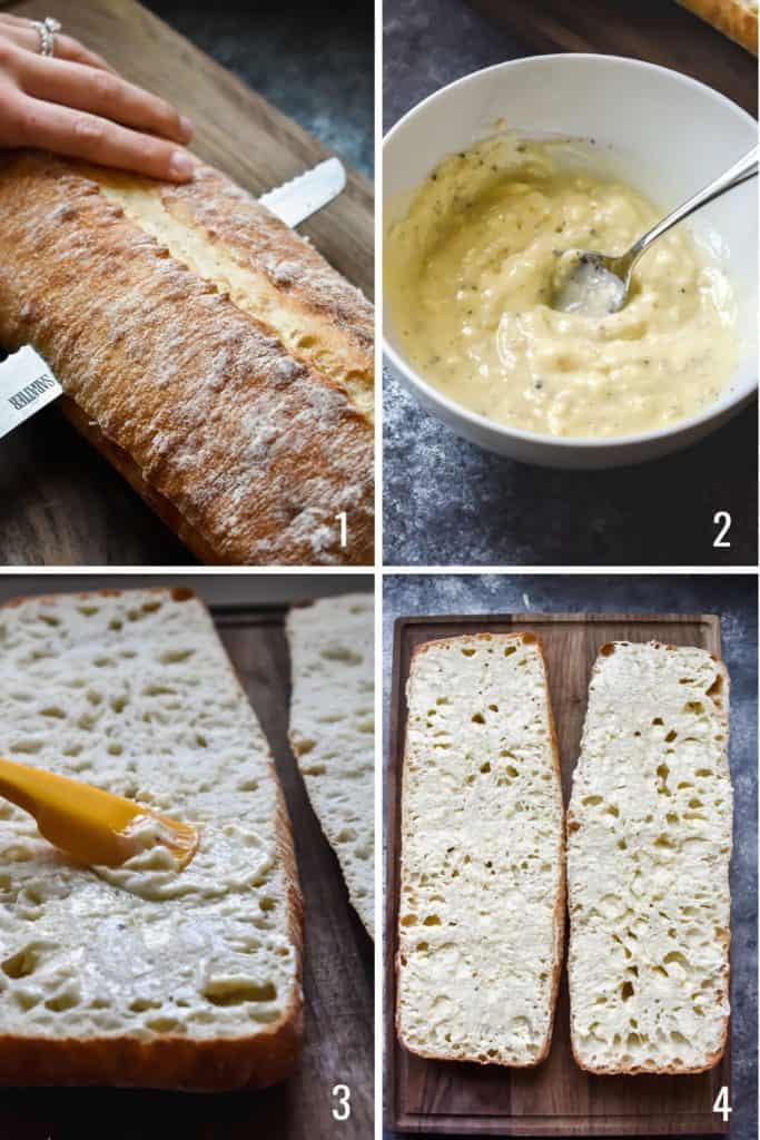 Four photo collage showing the process of assembling cheesy garlic bread