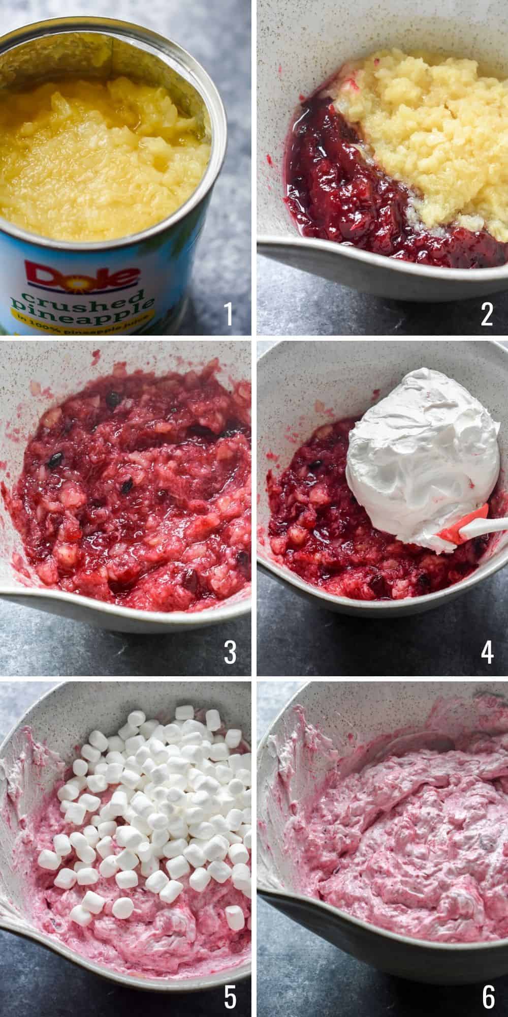 Six photo collage showing how to make cranberry fluff step by step