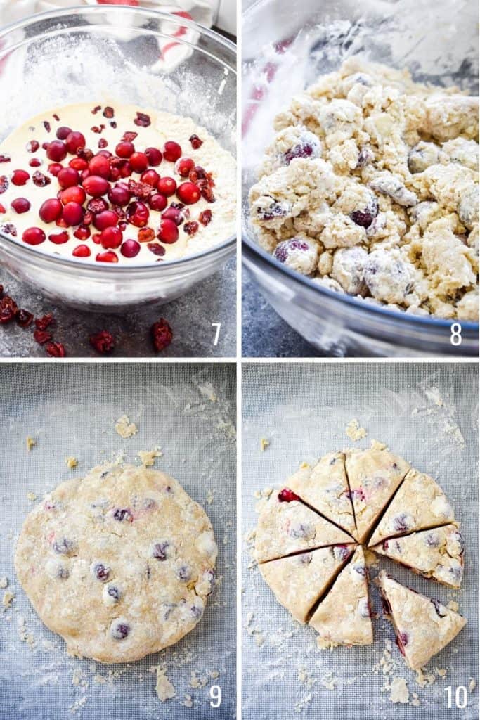 Four photo collage showing the process of preparing cranberry scone dough