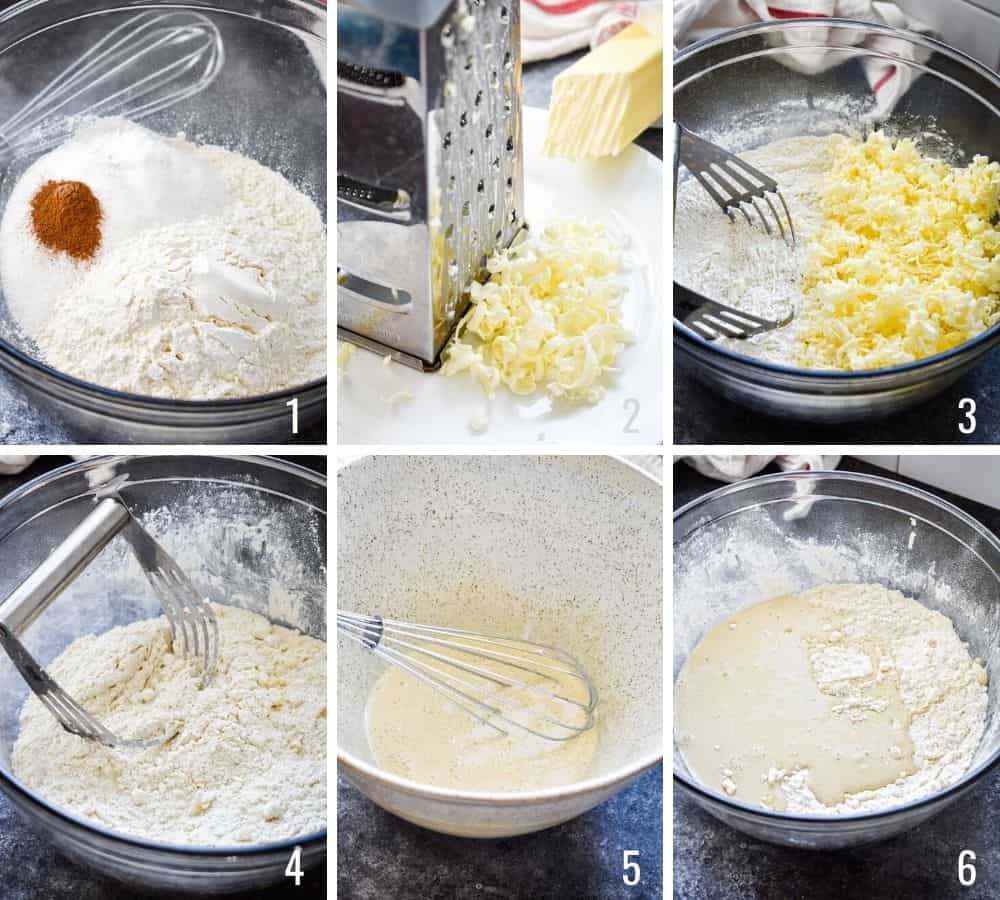 Six photo collage showing the process of making scone dough