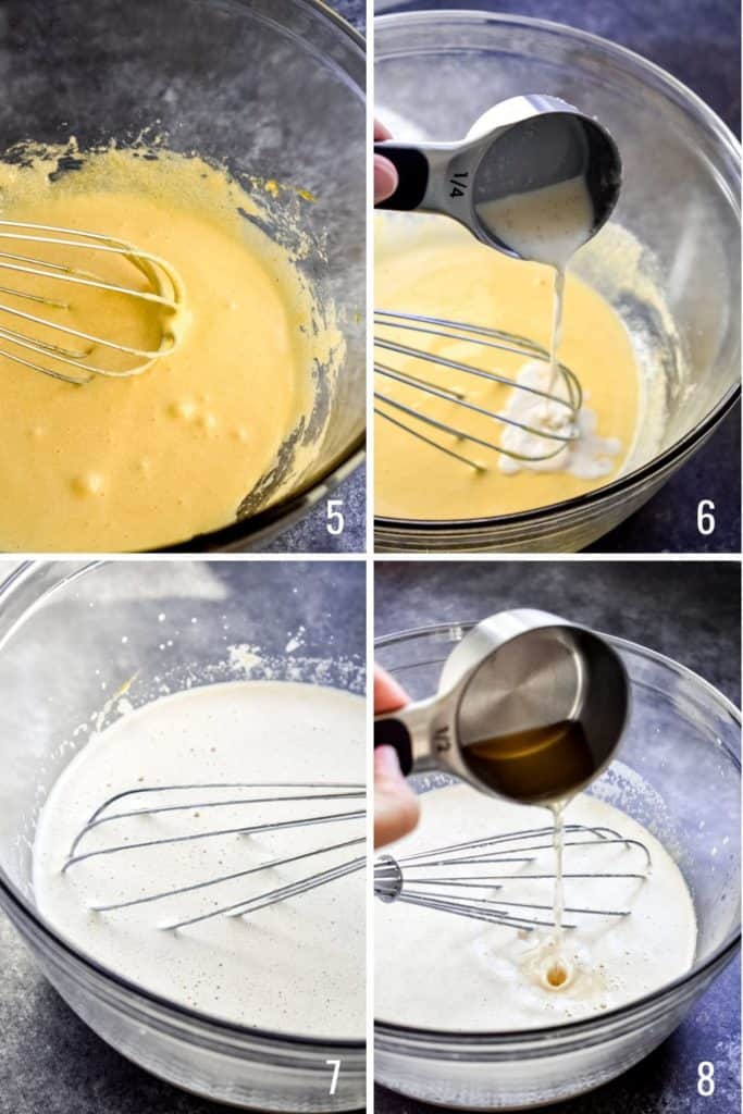 Four photo collage showing the process of tempering egg yolks and cream