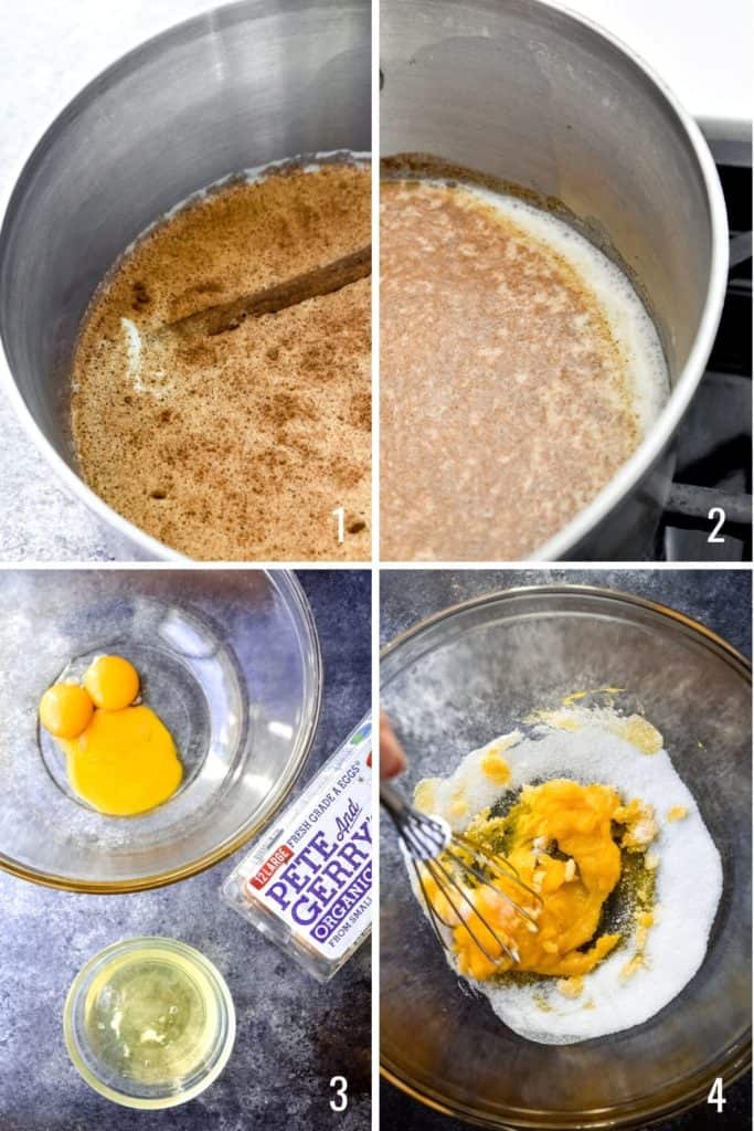 Four photo collage showing the process of heating ingredients for homemade eggnog and mixing egg yolks and sugar