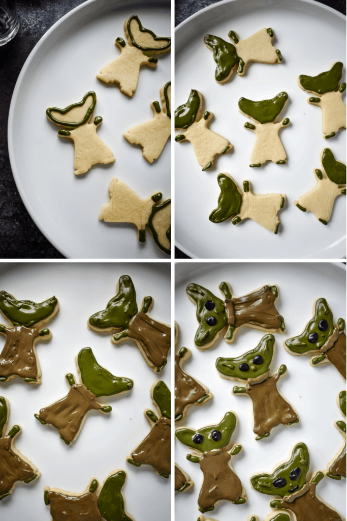 Four photo collage showing the process of decorating Baby Yoda cookies
