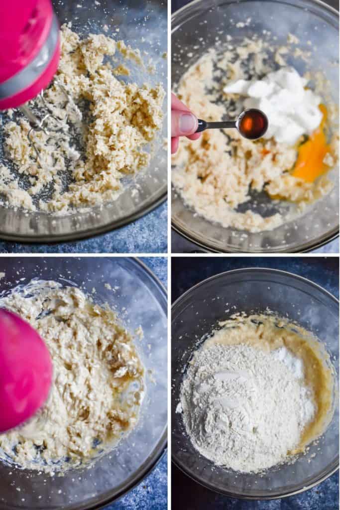 Four photos showing the process of making donut batter