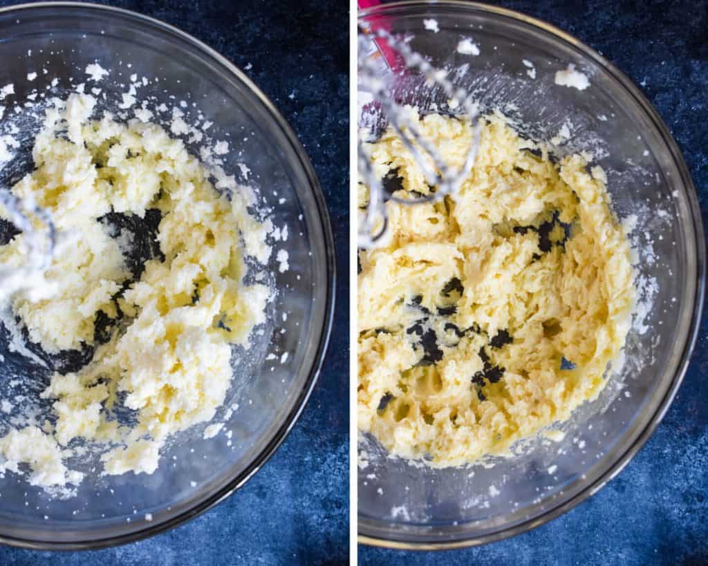 Side by side photos of butter being creamed and beaten with egg