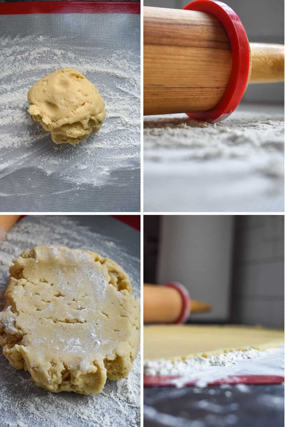 Four photo collage showing the process of rolling out dough