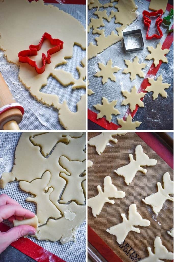 Four photo collage showing the process of cutting out cookies with cookie cutters