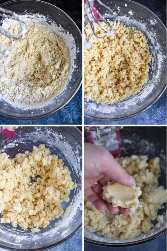Four photo collage showing the process of making sugar cookie dough