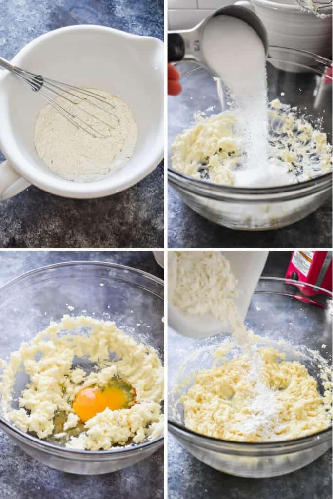 Four photo collage showing the process of making sugar cookie bars