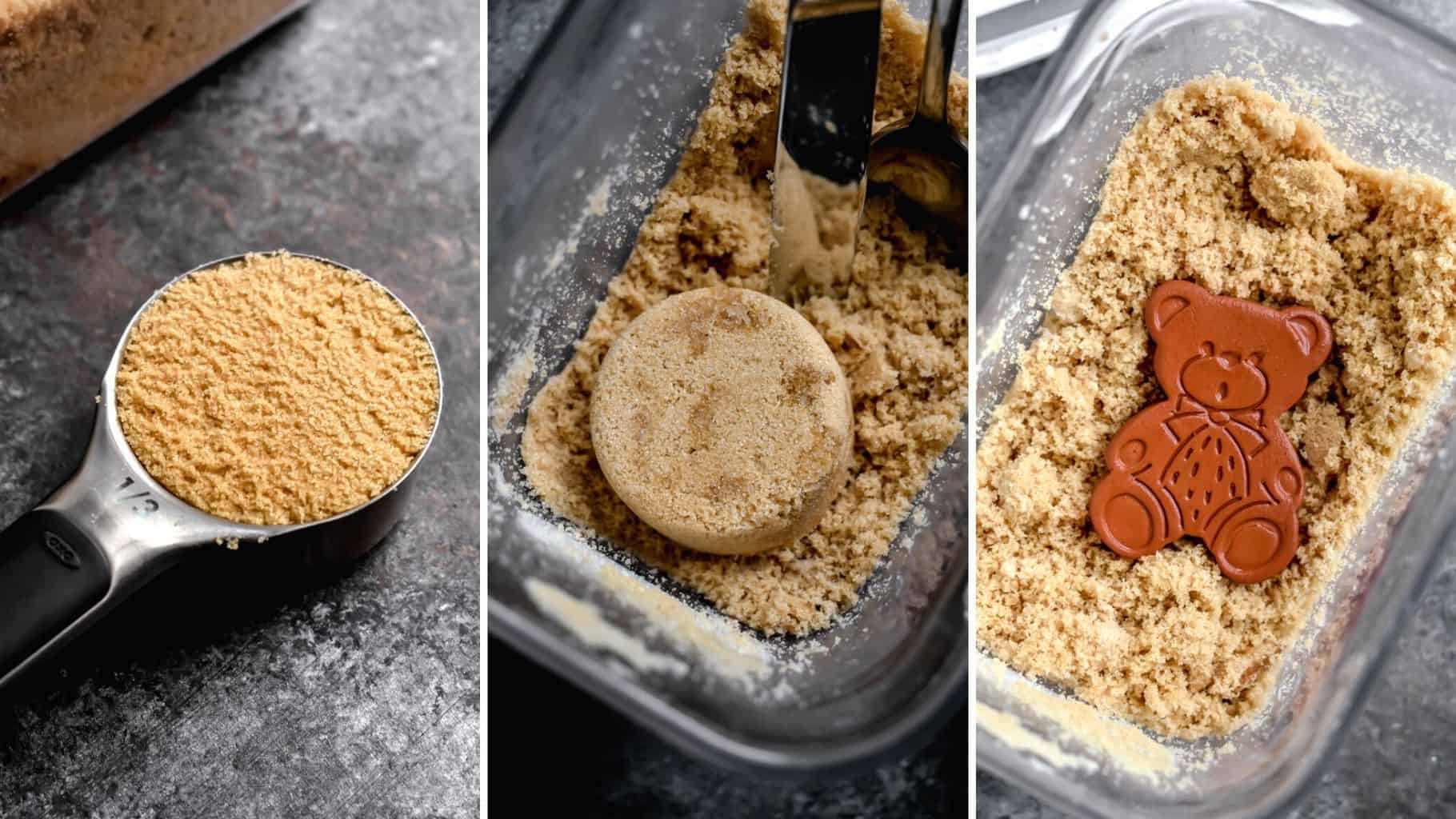 Three photos showing properly measured brown sugar and a canister with a clay sugar bear