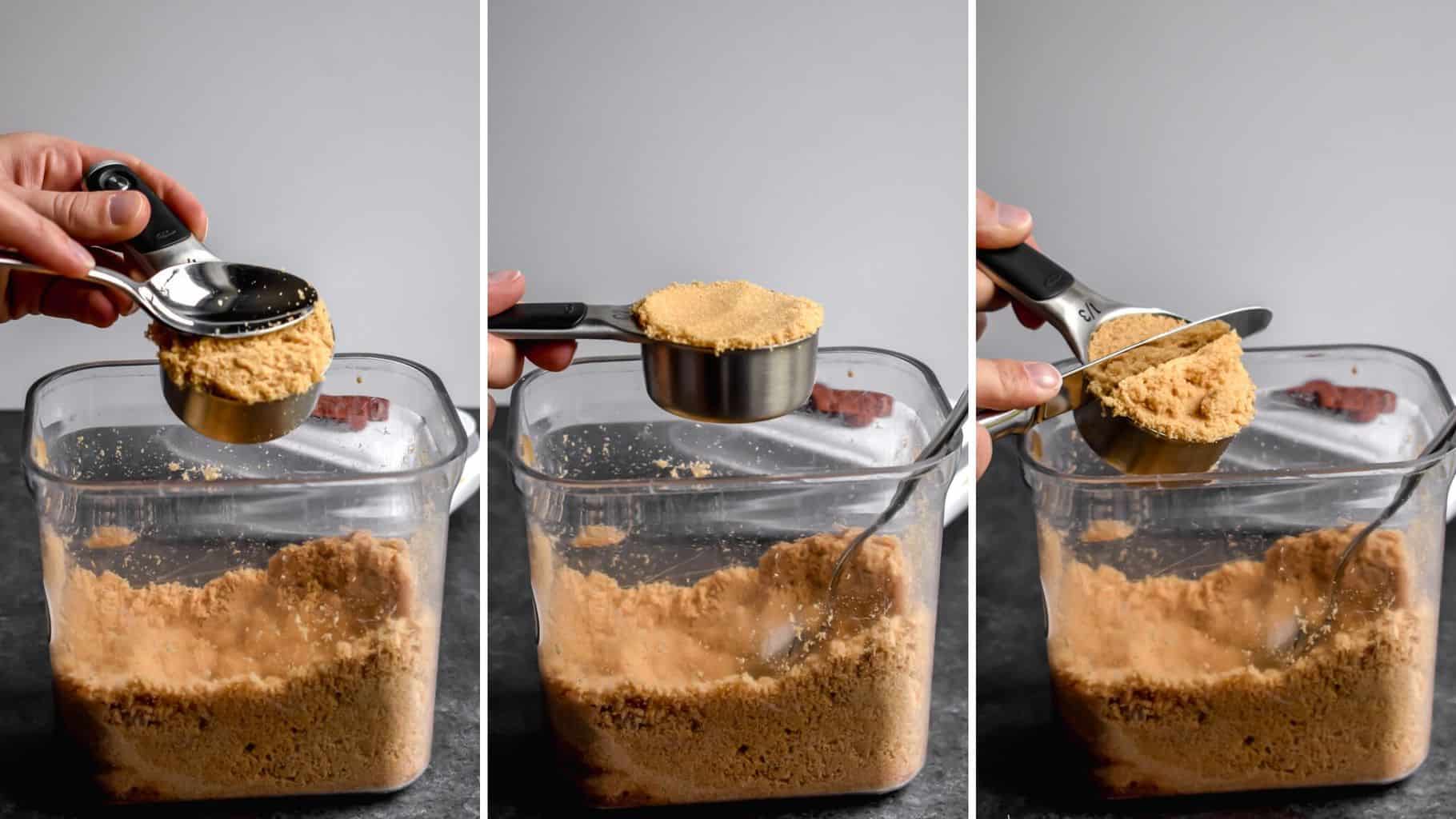 Three photos showing the process of measuring brown sugar