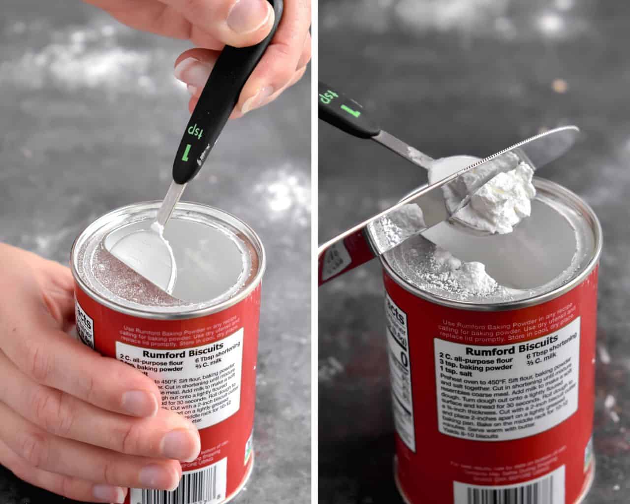Two photos showing the ways to measure baking powder