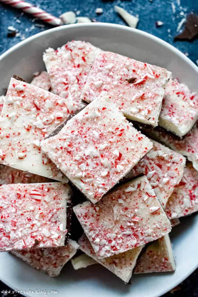 Overhead shot of peppermint bark pieces stacked on top of each other