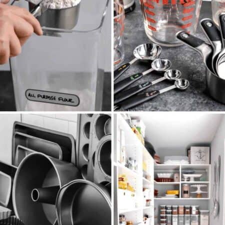 Four photo collage showing measuring utensils, cake pans and a well organized pantry