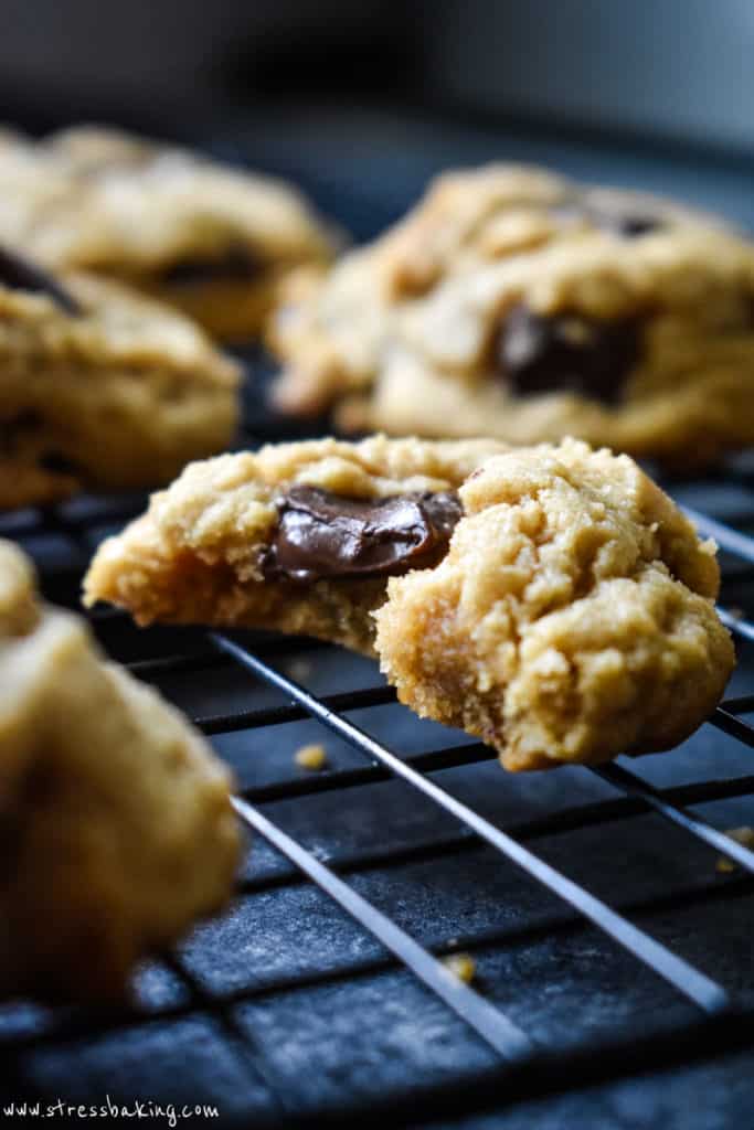 Close up of a peanut butter chocolate chunk cookie with a bite taken out showing the soft inside with melted chocolate