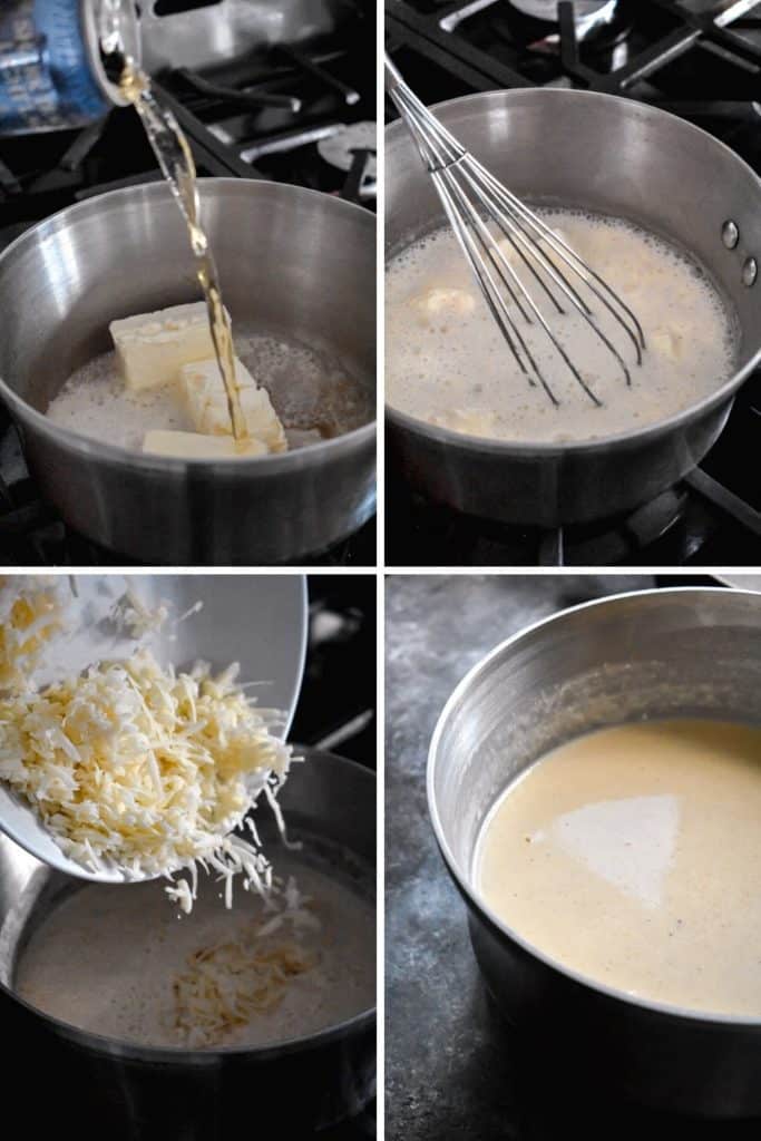 Four photo collage showing the process of making beer cheese dip