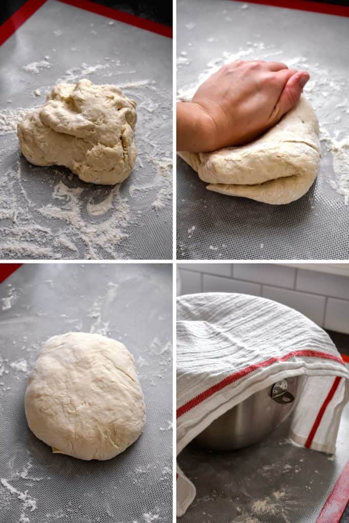 Four photo collage of pretzel dough being kneaded