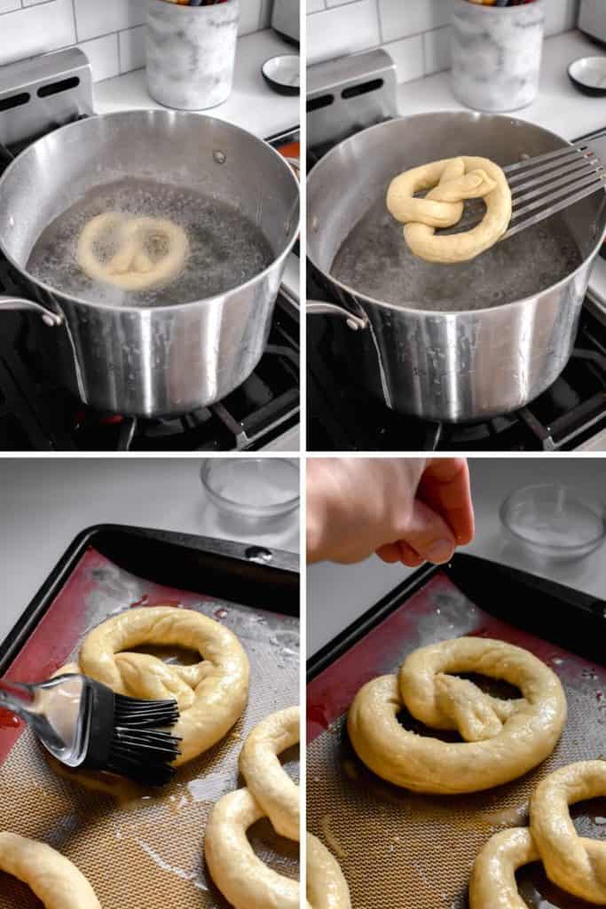 Four photo collage showing soft pretzels dipped in a baking soda bath and covered in egg wash and salt