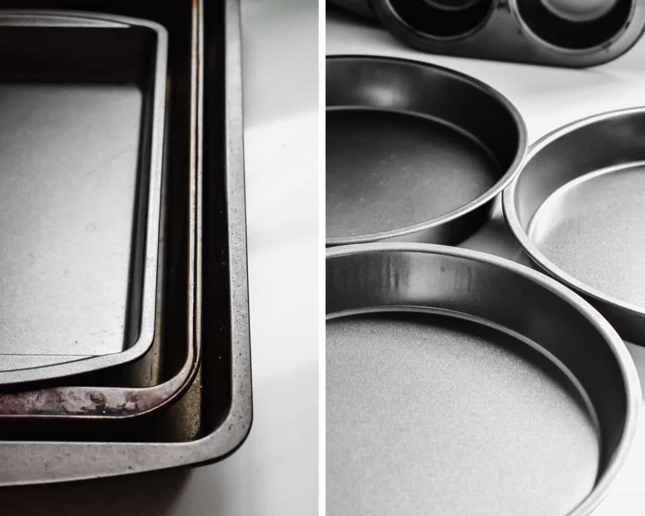 Side by side photos of rectangular and round baking pans