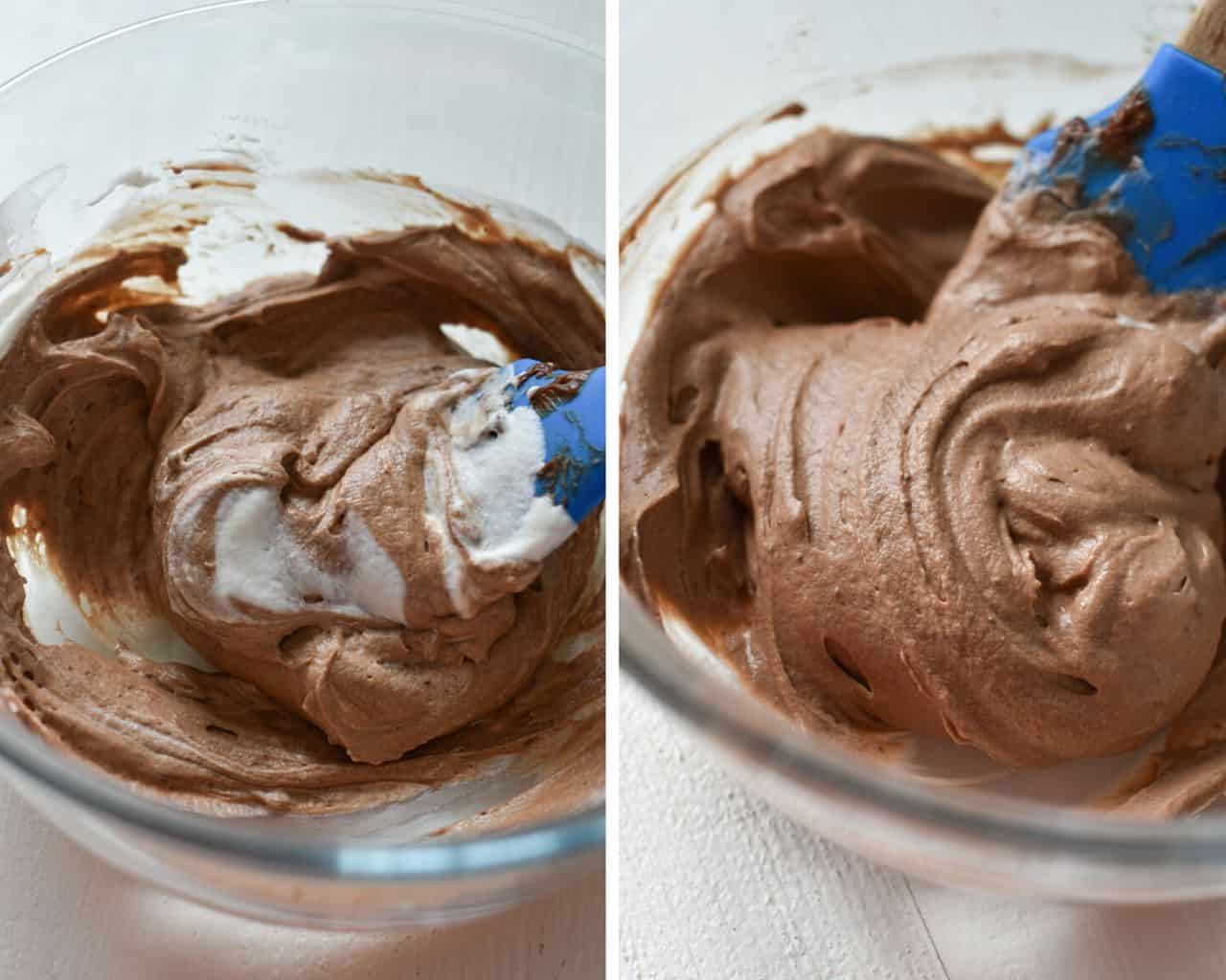 Side by side photos of whipped cream being folded into whipped Nutella