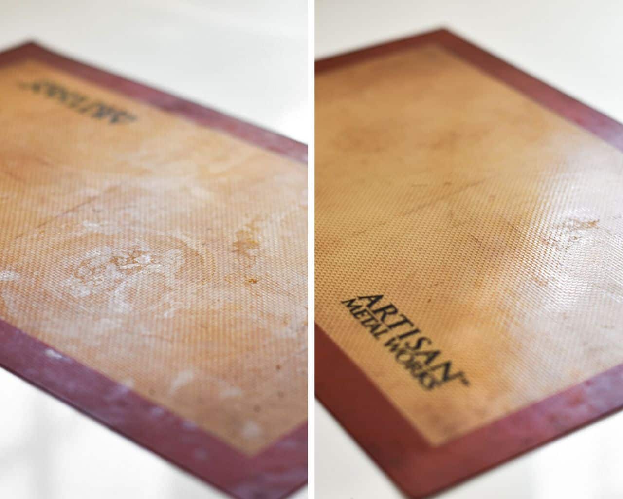 A silicon mat before and after being cleaned