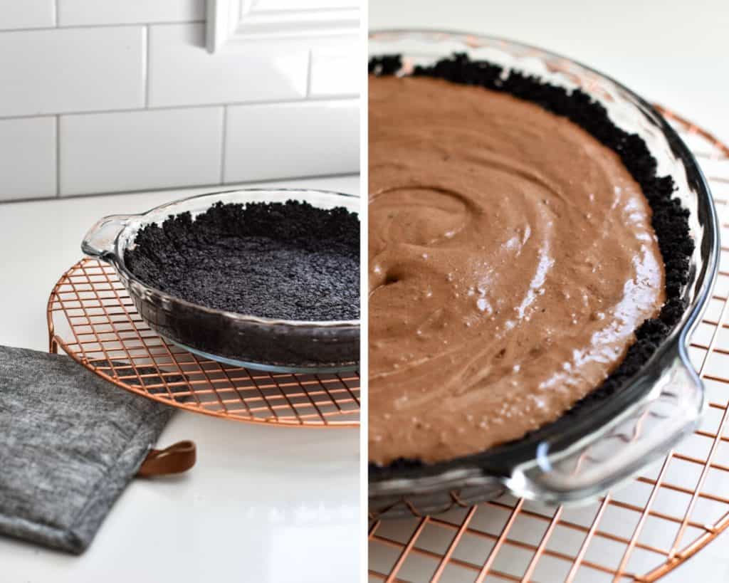 Filling a chocolate cookie crust with chocolate cream filling