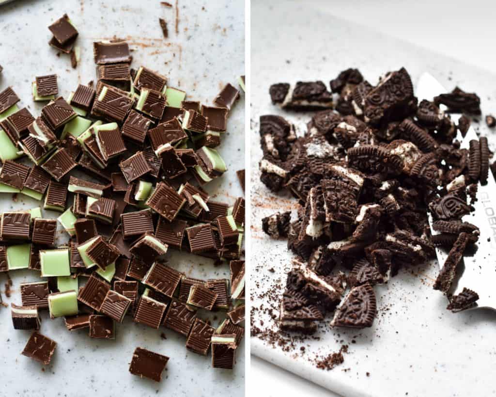 Side by side photos of chopped Andes mints and Oreo cookies