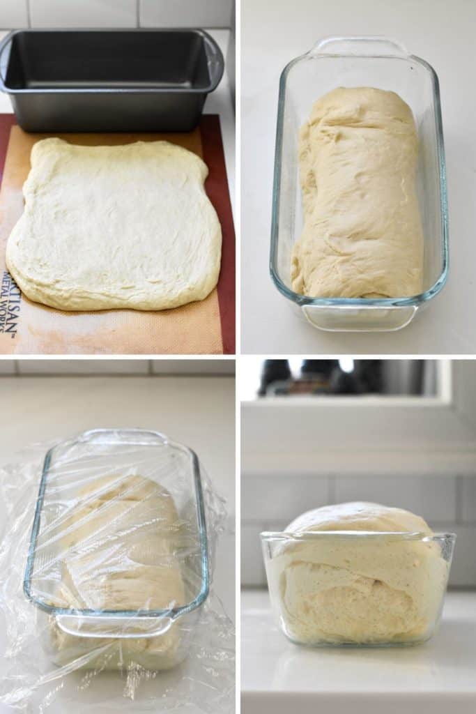 Four photo collage showing bread dough being rolled into a loaf pan