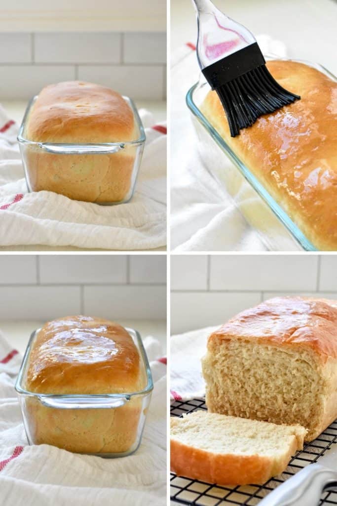Four photo collage showing freshly baked bread being coated in melted butter