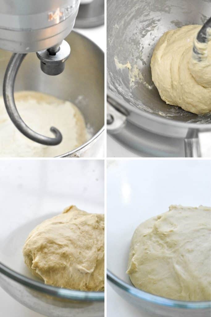 Four photo collage showing the process of making bread dough
