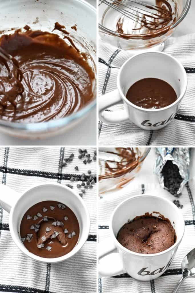Four photo collage showing the process of making a chocolate mug cake