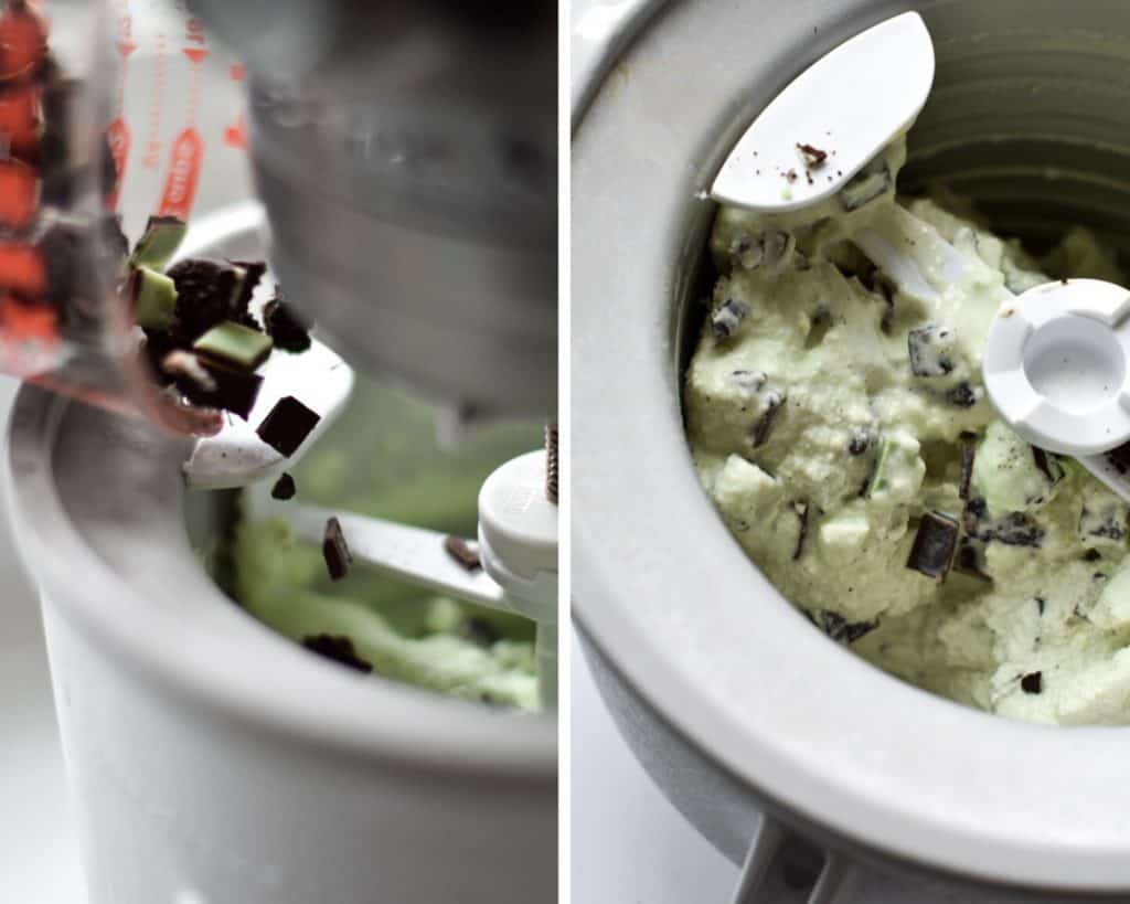 Pouring add ins into ice cream maker for mint ice cream