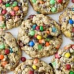 Overhead shot of colorful oatmeal M&M cookies