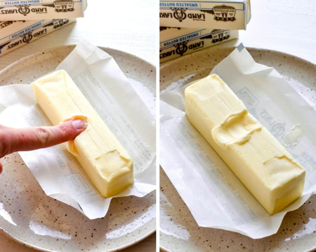 Side by side photos showing how to test the temperature of butter