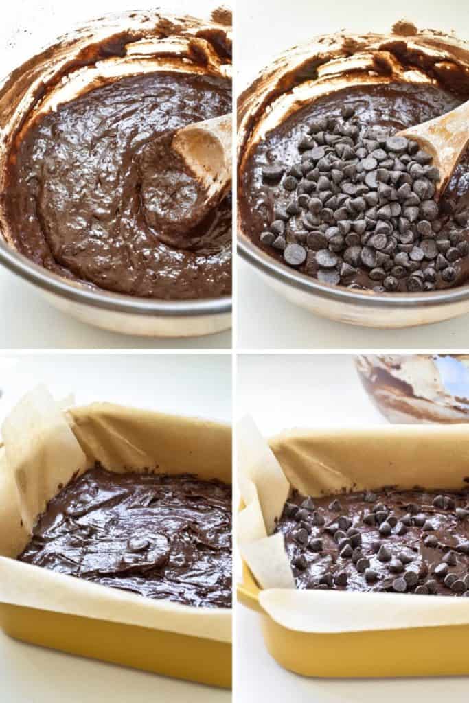 Four photo collage showing brownie batter being prepared