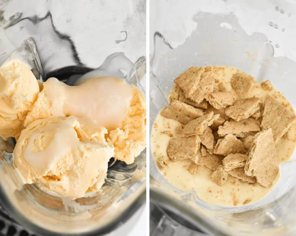 Blending vanilla ice cream and graham crackers in a blender