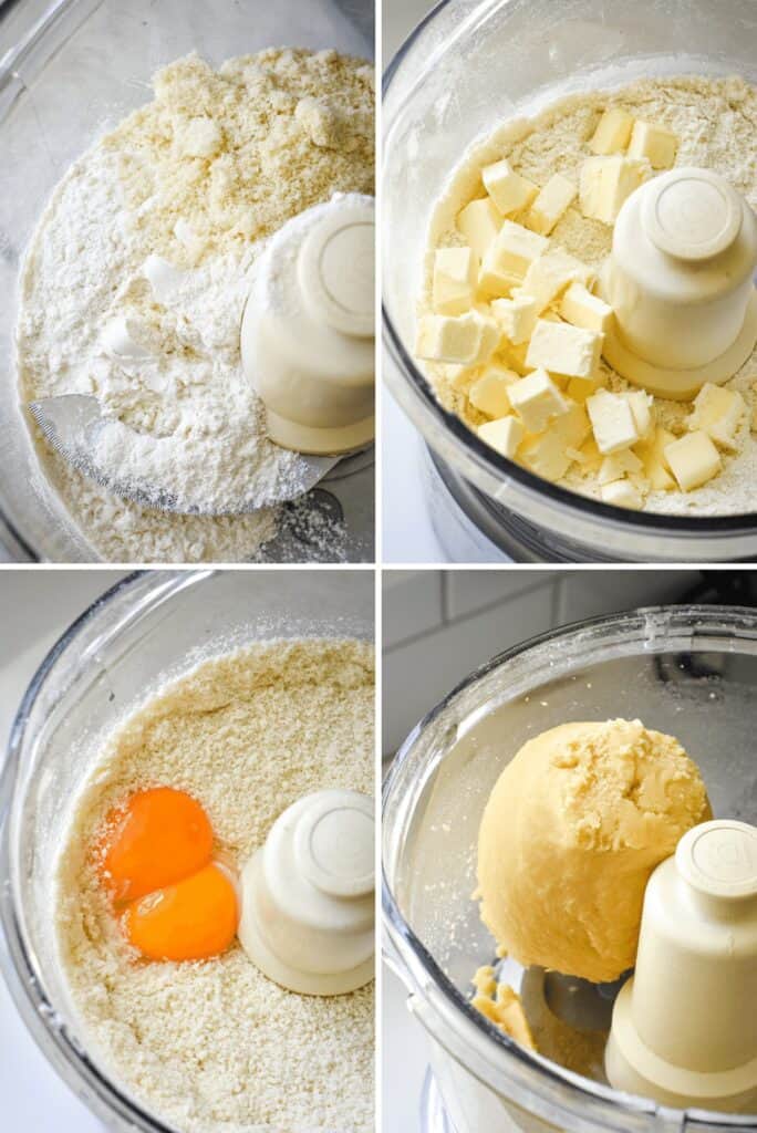 Four photos showing the process of making a tart crust in a food processor