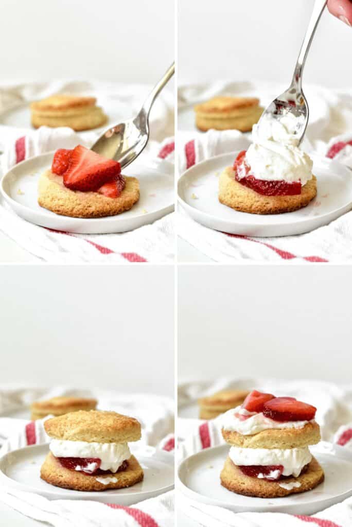Assembling homemade strawberry shortcakes with biscuits, strawberries and whipped cream