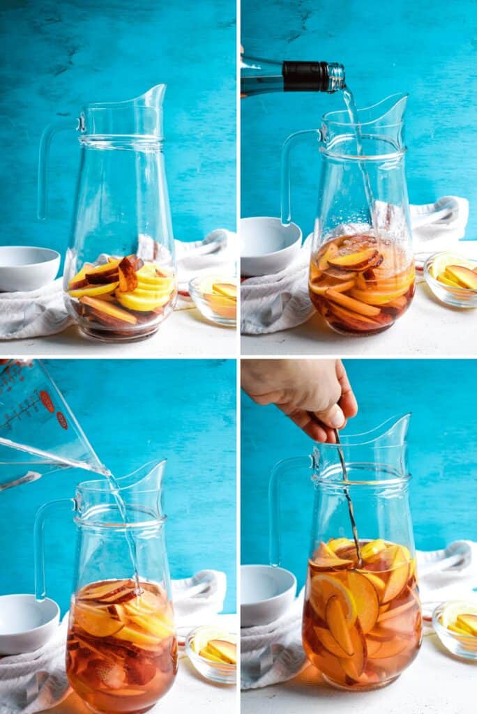 Four photo collage showing process of making sangria in a pitcher