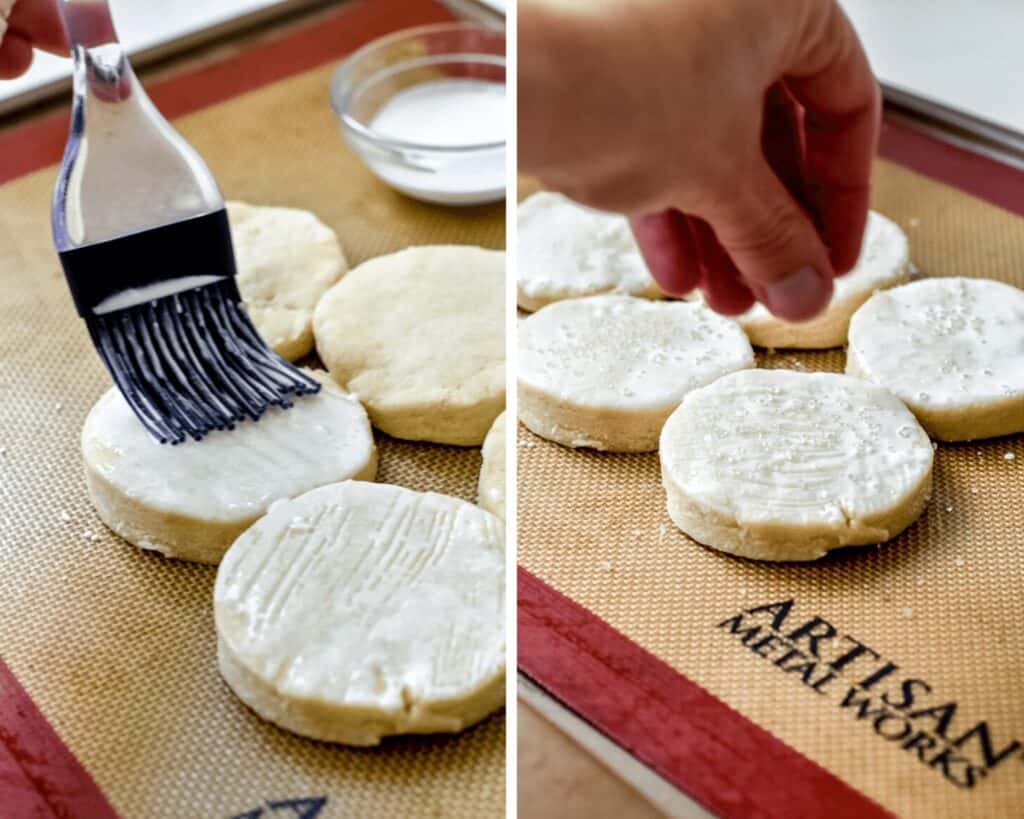 Coating biscuit dough with cream and sugar