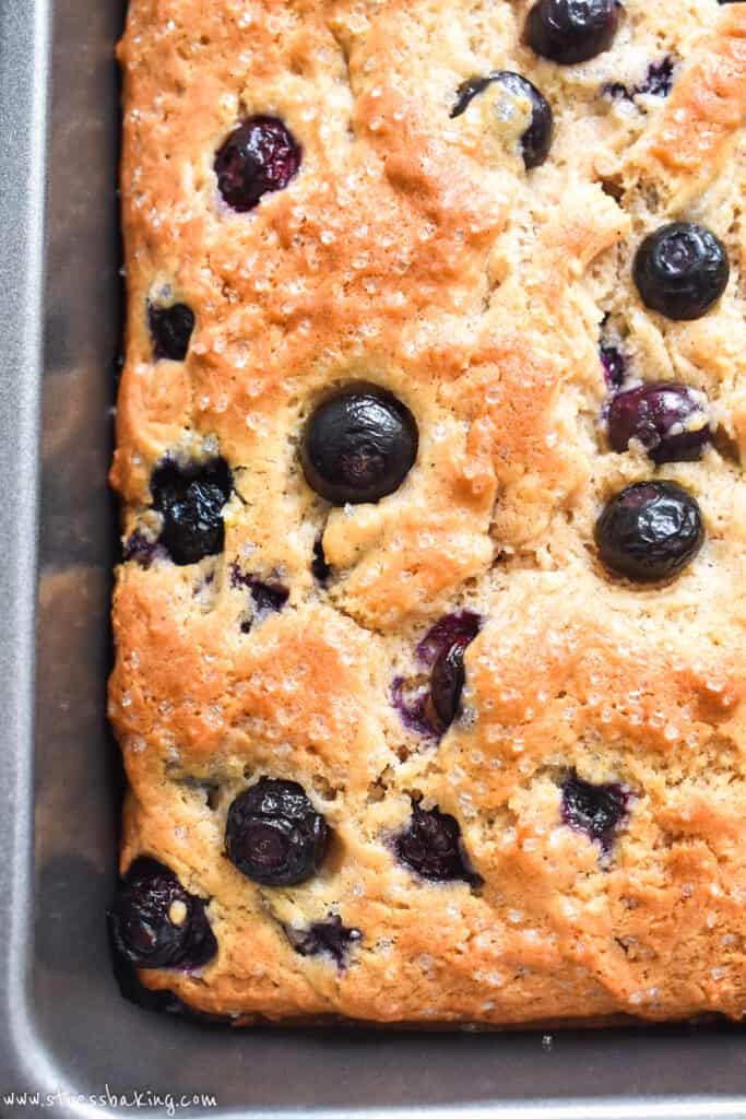 Overhead view of a loaf of vibrant blueberry muffin bread