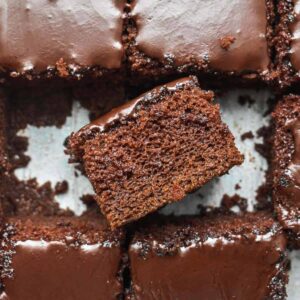 A slice of rich chocolate cake with chocolate icing on it's side