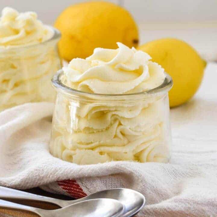 Lemon whipped cream in a small clear jar