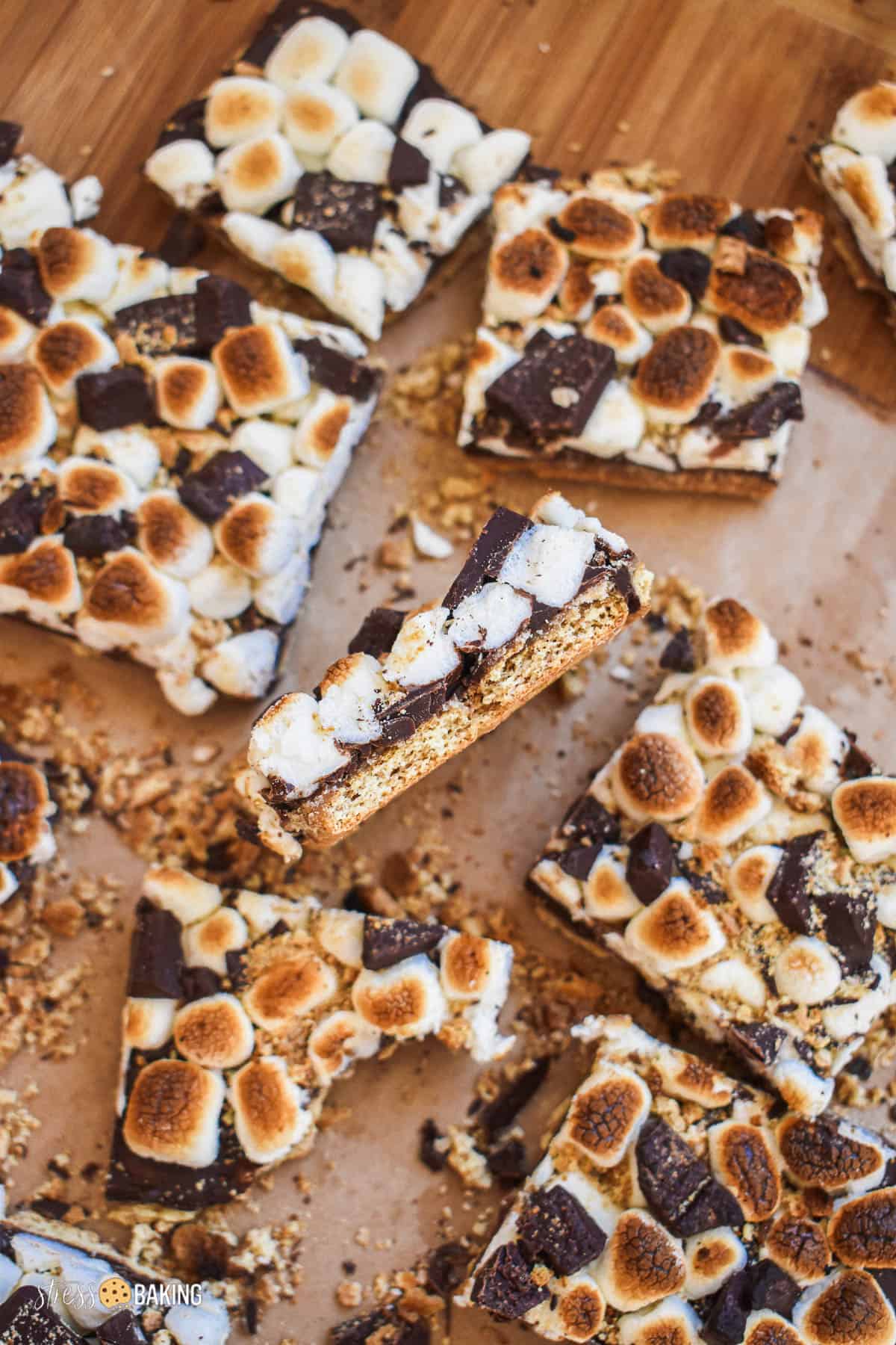 S'mores bark pieces scattered on a cutting board