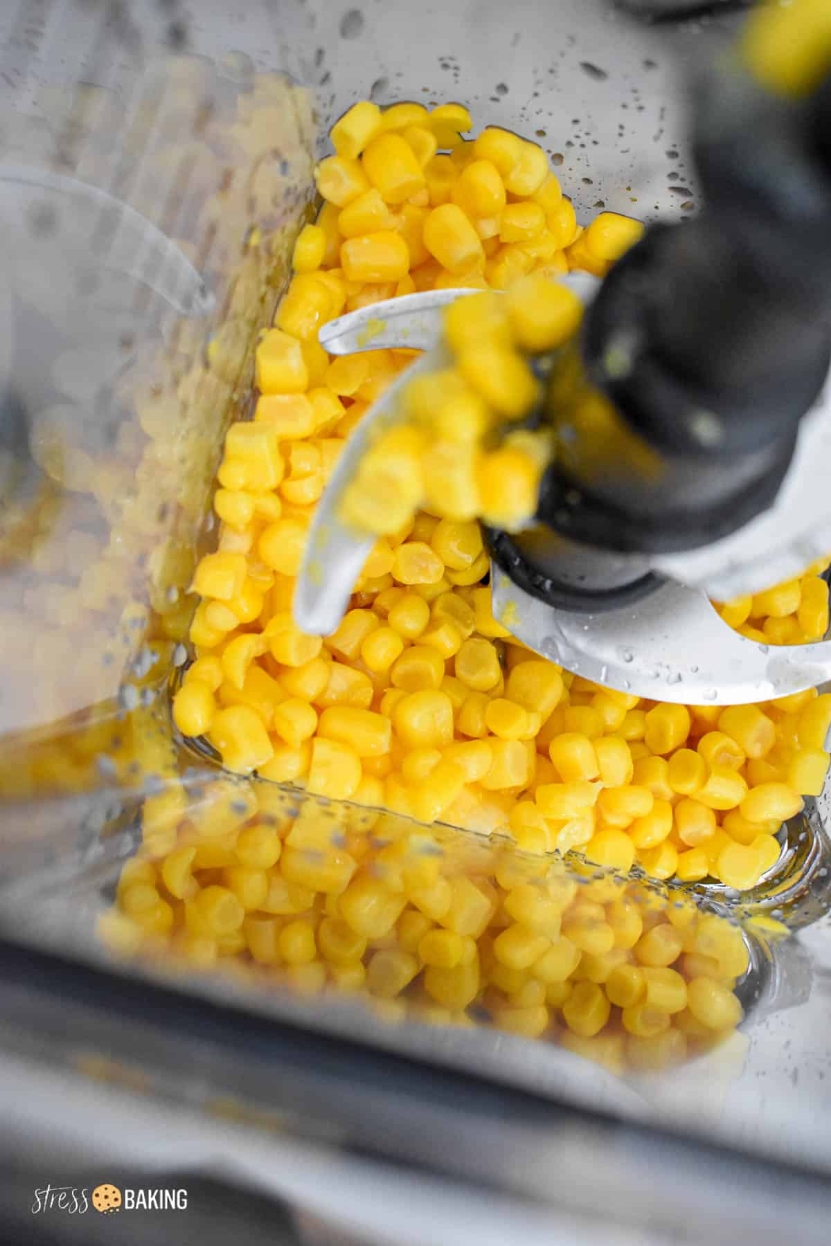 Bright yellow corn kernels in a blender