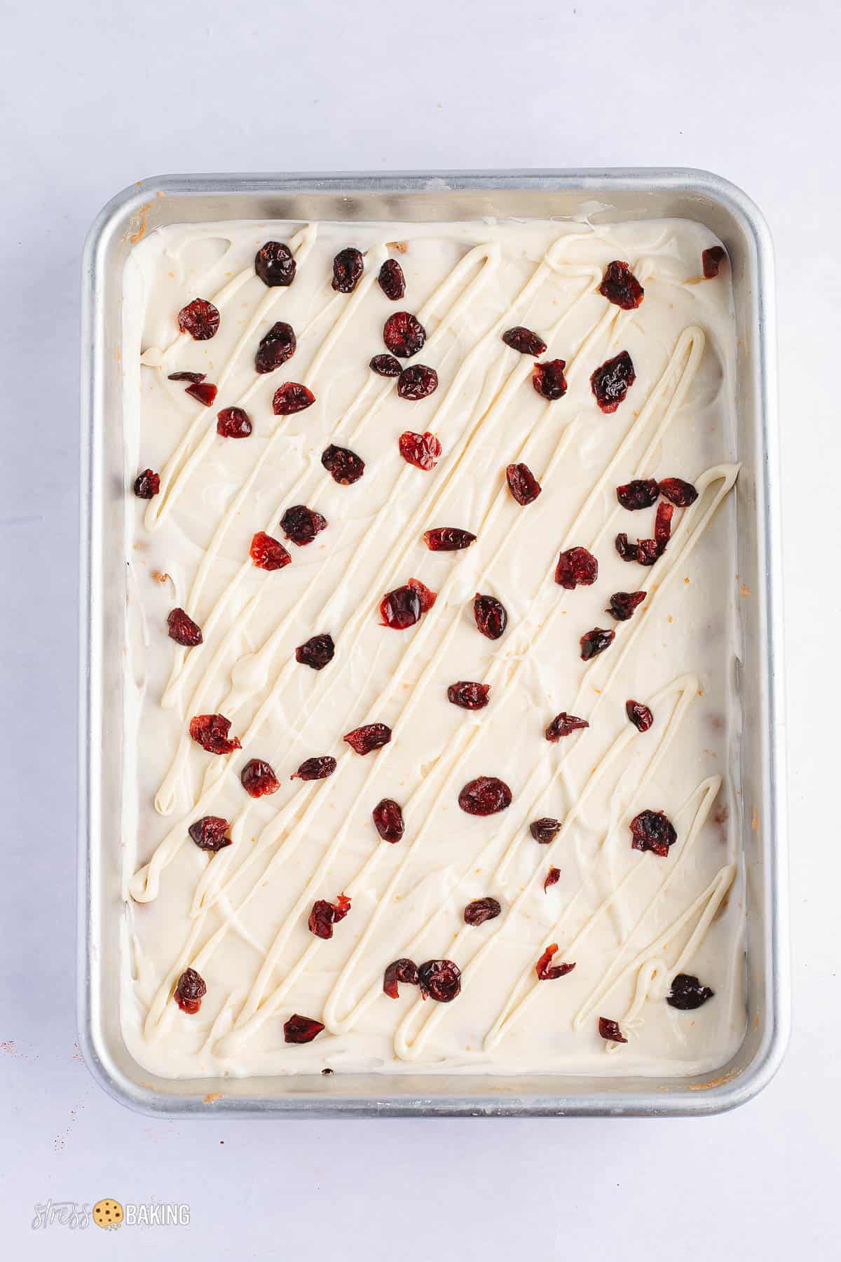 Cranberry bliss bars in a baking pan topped with white chocolate drizzle and dried cranberries