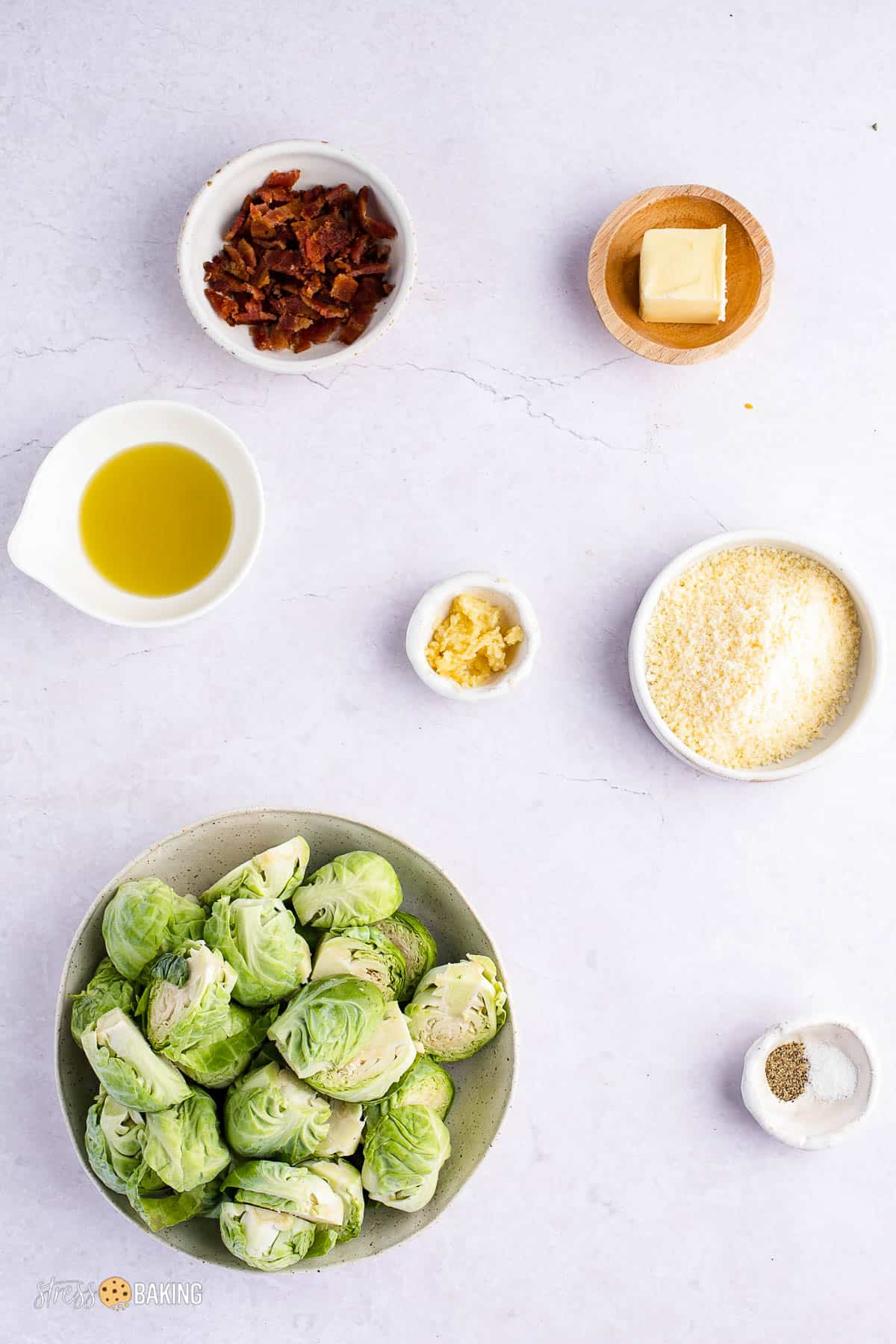 Ingredients in bowls for pan fried brussels sprouts with bacon