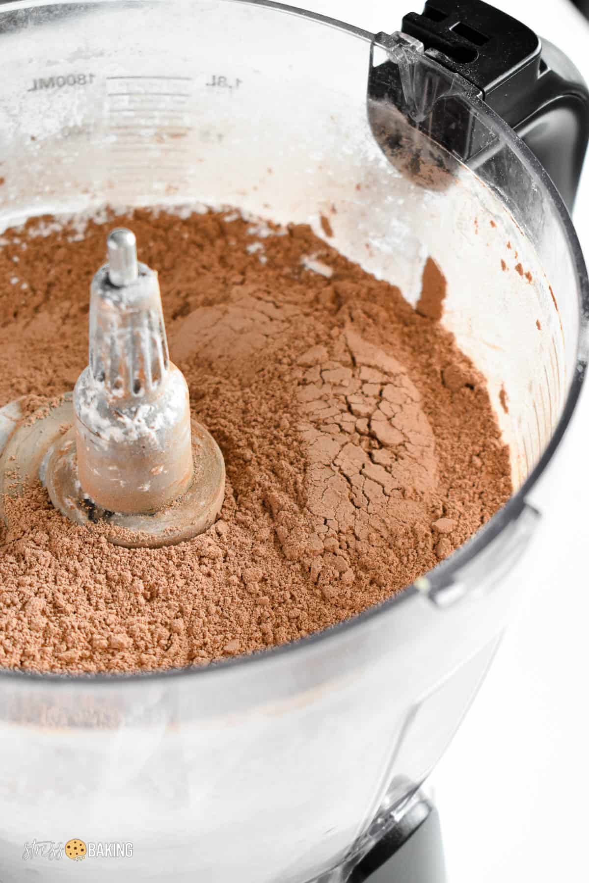 Freshly blended hot cocoa mix in a food processor