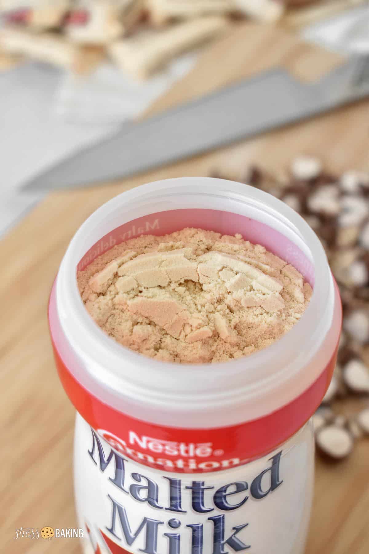 Close up of container of Nestle Carnation Malted Milk powder